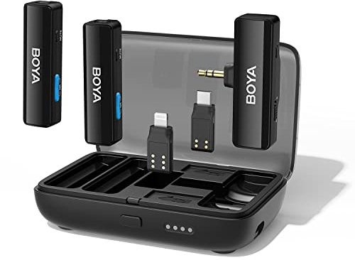 BOYA Micrófono Lavalier inalámbrico dual de 2.4 GHz para cámara DLSR/iPhone/Android, micrófono inalámbrico de doble solapa para transmisión en vivo, video, vlog, podcast (TX+TX+RX)