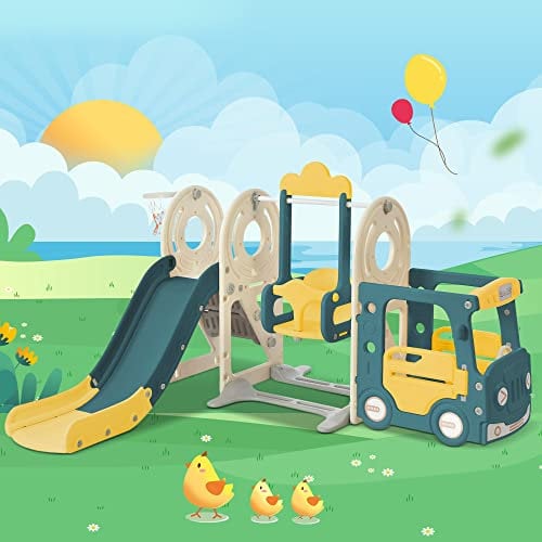 HAINEW Toboggan 5 en 1 pour enfants, Jardin avec Balançoire, Panier de Basket, 115 x 182 x 171 cm, Vert (Polyéthylène haute densité), à partir de 3 à 8 ans
