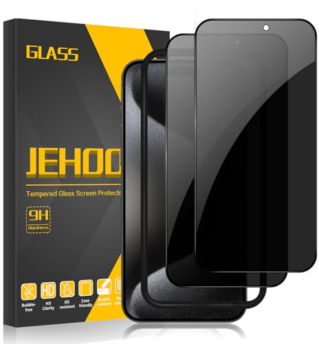 JEHOO Sichtschutz für iPhone 15 Pro 6.1 Zoll Schutzfolie, [2 Stück] Privatsphäre Glas mit Rahmen für Einfache Installation, Anti-Spähen Gehärtetes Glas 9H Härte Blickschutzfolie Blasenfrei