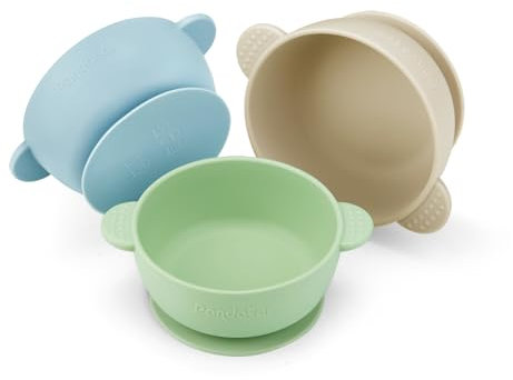 PandaEar Ensemble de 3 Bols pour Bébés avec Ventouse | Bol Alimentaire en Silicone pour Bébés, Enfants en Bas Âge et Tout-Petits (Lin Bleu Vert)