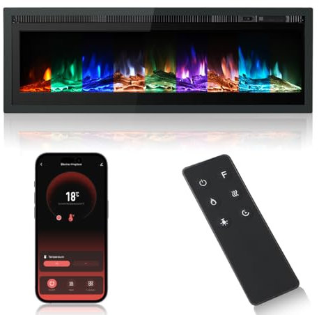 M.C.Haus Inserto Elettrico per Camino, Montaggio a Parete, Piastra in Metallo, Fiamma Colorata, Telecomando con Cristallo, 900 W/1800 W (40/102 cm, Smart WiFi)