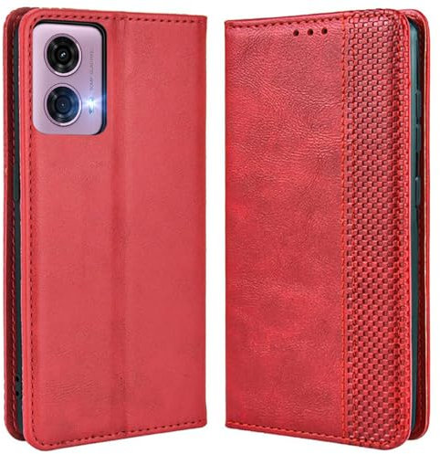 MOJIA Coque pour Motorola Moto E14 / G04(04s) / G24, Étui en Cuir, PU Housse Pochette Antichoc et Anti-Rayures Fonction Stand Rabat de Portefeuille Etui Coque. Rouge