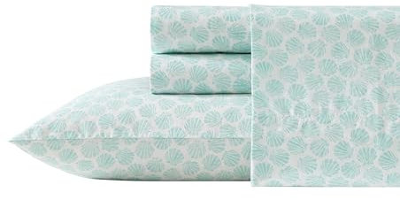 Laura Ashley - Queen Sheets, Cotton Percale Bedding Set, Lightweight & Breathable Home Decor (Margate Shells Blue, Queen)