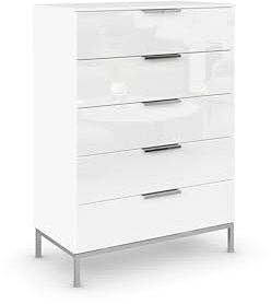 Rauch Möbel Flipp, Hochkommode mit viel Stauraum für Flur, Wohnzimmer, Schlafzimmer, mit Metallkufe chrom, Alpinweiß/Glasfront Weiß, 5 Schubkästen, Griffe chrom, 80x111x42cm