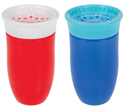 Nuby Wonder Cup - Spill-Proof Toddler Sippy Cups - (2 Pack) 10 oz - Sip from All Sides - Leak Resistant - Spoutless Transition Cup - Red/Blue