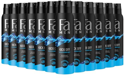 Fa Men Deodorant & Bodyspray Kick Off (12x 150 ml), Deospray mit aktivierend-frischen Duft, Deo ohne Aluminium für bis zu 48 h Deo-Schutz, hinterlässt keine Deo-Rückstände