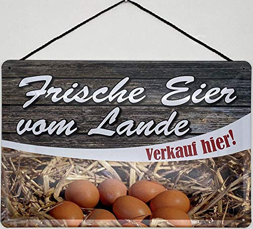 Blechschild mit Kordel 18 x 12 cm Hühner Schild: Frische Eier vom Lande. Verkauf hier ! - Blechemma