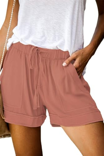 Daspkuwy Womens Casual Shorts Comfy Elastic Waist Pocketed Hot Pants Drawstring Lightweight Summer Shorts