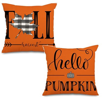 Jartinle Hello Pumpkin Fall Outdoor-Kissenbezüge, wasserdicht, 45,7 x 45,7 cm, orangefarbene gefallene Blätter, dekorative Bauernhaus-Überwurf-Kissenbezüge, 2 Stück, Herbst-Dekoration