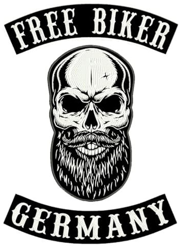 Set mit 3 großen Aufnähern mit Bogen Free Biker – Germany + Totenkopf in der Mitte, bestickter Aufnäher zum Aufbügeln, für Jacken, Jacken und Westen.