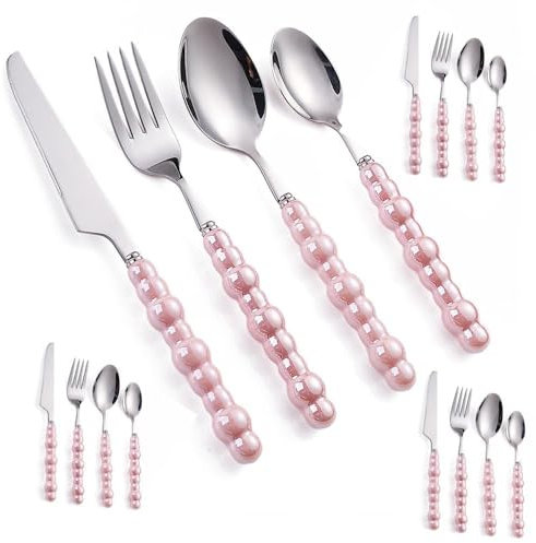 Pearl Ceramic Handle Kitchen Stainless Steel Silverware Tableware Flatware Cutlery Set Creative Hotel Home Steak Knife Dessert Spoon (Pink,16 Pieces)