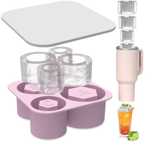 Wzhtuzi Eiswürfelform Silikon, 4 Fach Eiswürfelbehälter für Stanley Becher, Eiswürfelbehälter mit Deckel und Behälter, Stanley Cup Eiswürfelform für 20/30/40 Oz Tumbler Becher Cocktails, Kaffee (Rosa)