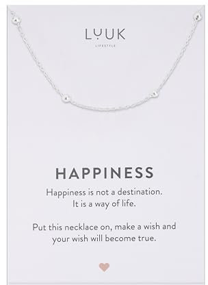LUUK LIFESTYLE Filigrane Edelstahl Silberkette mit Kugeln in Silber, 50cm verstellbar, wasserfest, Geschenkidee für Mutter, Freundin mit HAPPINESS Spruchkarte, minimalistisches Geschenkidee