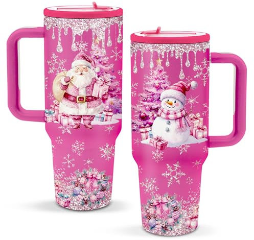 TNASURHUS Weihnachtsbecher für Frauen, Weihnachtsbecher mit Griff und Strohhalm, lustige Weihnachtsgeschenke für Frauen, Mutter, Tochter, Rosa, Urlaub, Valentinstag, Geschenke für Frau