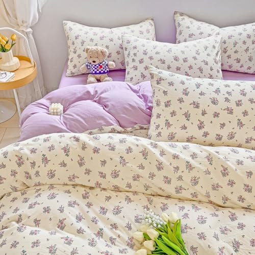 Nayoroom Bettwäsche 200x200 Lila Blumen Violett Landhausstil Bettbezug 3teilig Romantisch Aesthetic Cute Gewaschene Mikrofaser Renforce Bettwäsche-Sets mit Reißverschluss und 2 Kissenbezüge 80x80