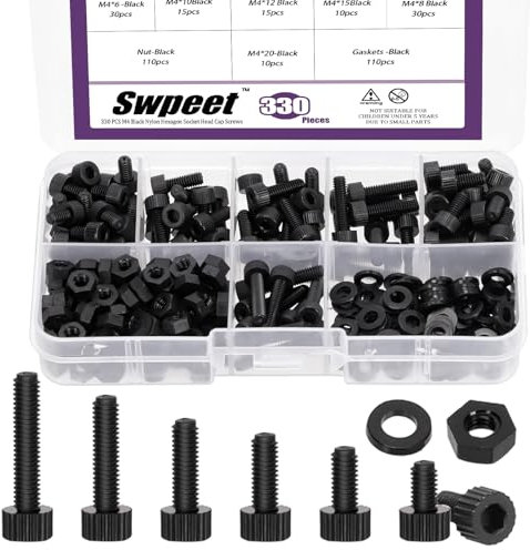 Swpeet 330 tuercas hexagonales M4 de 6 tamaños de nailon negro con arandelas, kit surtido de tornillos de cabeza hexagonal de plástico, tornillos de cabeza hexagonal de plástico, pernos de plástico