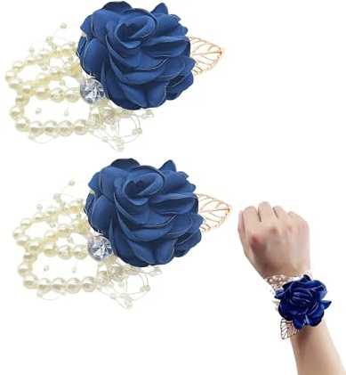 TUKEVA 2 Stück Handgelenk Blumen Perle Handgelenk Blume Hochzeitsdekoration Florales Hochzeitsarmband Zubehör für Braut Brautjungfern für Abschlussball, Event, Hochzeit, Party etc (Marineblau)