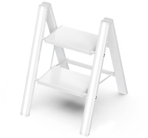 GameGem Scala a 2 gradini, sgabello pieghevole con ampio pedale antiscivolo, materiale in alluminio leggero ma robusto, carico 150 kg, aspetto moderno carino per spazi domestici interni, bianco