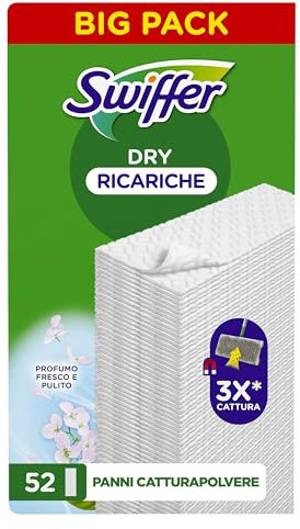 Swiffer Panni Cattura Polvere, 156 Panni Microfibra Dry, Cattura Polvere e Sporco, Ottimo per Tutti i Tipi di Pavimenti e per i Peli di Animali, Maxi Formato