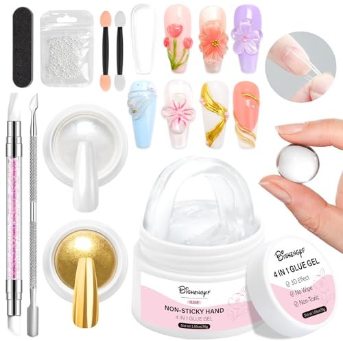 Solid Builder Gel für Nägel BISHENGYF: Klares 3D Gel Nail Art 30g, 2pcs Pearl Weißes Mirror Gold Chrome Nail Powder mit Nicht Klebend Nail Glue für Anfänger-Nageldesign, Verlängerung&DIY-Salon Hause