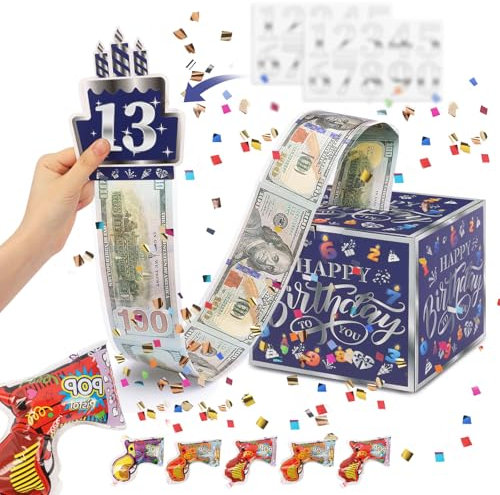 Geldgeschenke Geburtstag Überraschungsbox, Blau Silber Geldgeschenk Verpackung mit 5 Konfettikanonen, 3D Geschenke Karte für Männer Geburtstag, Geld Geschenkverpackung für Junge, Mädchen