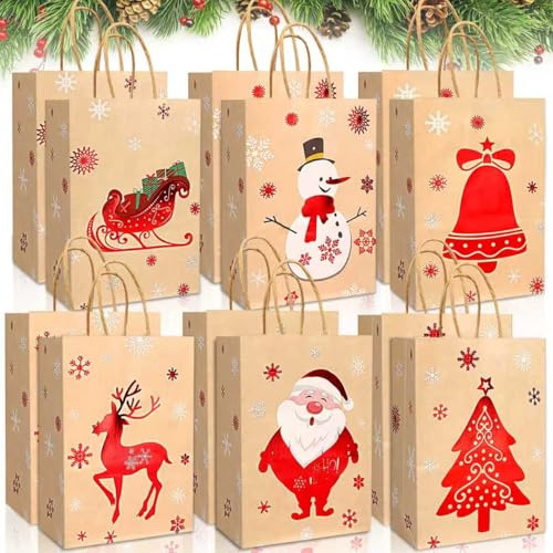 12 Weihnachtskorb 28x15x8cm Geschenktüten Weihnachten Christmas Basket Größen Kraftpapier Nikolaussäckchen Weihnachtskarton-verpackung Weihnachtstüten Set Geschenkverpackung Papier Tüten mit Henkel