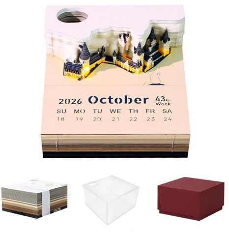 HIULLEN 3D Kalender 2026, 3D Notizblock mit Licht und Stifthalter, Tischkalender Abreißen 2026, Abreißkalender Kreative Magic Castle-Wochenkalender Papierskulptur Desktop Ornament Christmas Geschenk