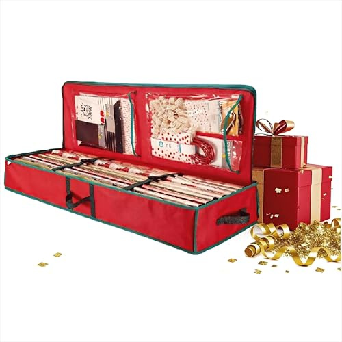Dasellfa Geschenkpapier Aufbewahrung Tasche, Geschenkpapierrollen Organizer | Reißfeste 600D Oxford Aufbewahrungstasche mit Befestigungsriemen & Fächern für Packpapier & Geschenkverpackung (103x35x16cm)
