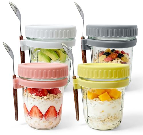 OunglyChoi 4 Pack Overnight Oats Jar, Oat Containers with Lid and Spoon 350ML Glass Breakfast Pots for Overnight Oats, Salad, Yoghourt, porridge, cereal Cups