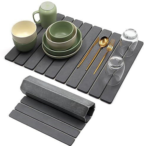 Kteeurqer Escurreplatos Diatomita 60 x 40 cm – Alfombrilla Escurreplatos de Diatomita, Alta Absorbencia, Secado Rápido, Antideslizante, para Cocina (Gris Oscuro, 60 x 40 cm)