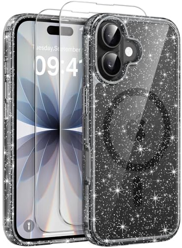 AROYI for iPhone 17 Case, Glitter Transparent Phone Case with 2 Tempered Glass Screen Protector, Compatible with Mag Safe, Shockproof Acrylic Magnetic Sparkle Bling for Women and Girls, Black