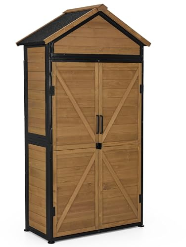 M MCombo Gartenschrank Gartenhaus Holz Metgallgestell Wetterfest, Gerätehaus Outdoor, für Außenbereich Garten Terrasse, Geräteschuppen mit 2 Bewegliche Regale, 45×90×165 cm, 2736 (Natur)