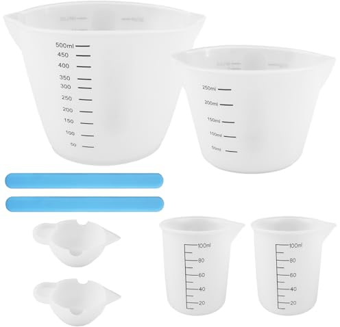 6 Stück Silikon Messbecher Set für Epoxidharz, 10ml/100ml/250ml/500ml | Silikonbecher zum Gießen, Silikon Messbecher Krüge mit 2 Silikon Rührstäbchen, für Epoxy Resin, Diy, Basteln, Labor