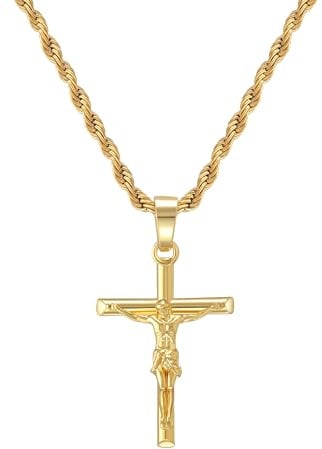WATEFOER Collier Croix pour Homme Femme, Chaîne en Acier Inoxydable Plaqué Or 18K avec Pendentif Crucifix, Pendentif Croix Jésus Christ Cadeau Religieux pour Pâques Fête des Pères Noël