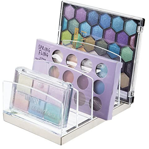 mDesign Organizador de maquillaje en plástico – Clasificador con 5 compartimentos para organizar maquillaje – Bandeja organizadora para lavabo, tocador o armario – transparente/plateado