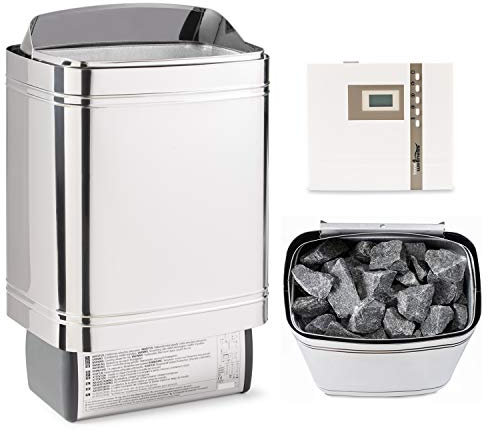 Sauna-Set Finnischer Sauna Ofen Sentiotec Nordex II 6/8/9 kW Sauna Heizgerät Mit Saunasteuerung Sentiotec K1 / K2 / D1 / D2 und Saunaofen-Steine Time4wellness (9 kW, Saunasteuerung D1)