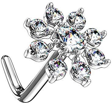 Piersando Piercing Stab Stecker Gebogen mit filigraner Kristall Blume Nase Ohr Tragus Helix Lippe Intim Nasenpiercing Nasenstecker Nasenflügel Silber