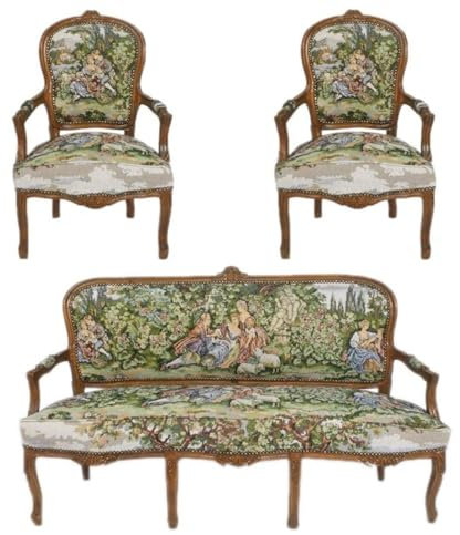 Casa Padrino Barock Sitzbank Set Gobelin/Braun - 1 Sofa + 2 Sessel