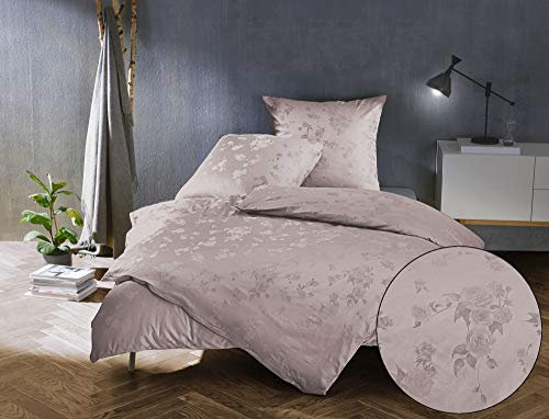 Bettwaesche-mit-Stil Mako Satin Jacquard Damast Bettwäsche Zoé Rose - Puder rosé - 140x200 + 70x90 cm