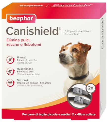 Beaphar Canishield, Collare Antiparassitario per Cani 48 cm, per Cani di Taglia Piccola e Media, Contro Pulci e Zecche, Confezione da 2 Collari