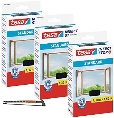 TESA Insect Stop STANDARD Fliegengitter für Fenster (1,3m:1,5m, 3 Stück/Anthrazit + Profi-Cuttermesser Metall)