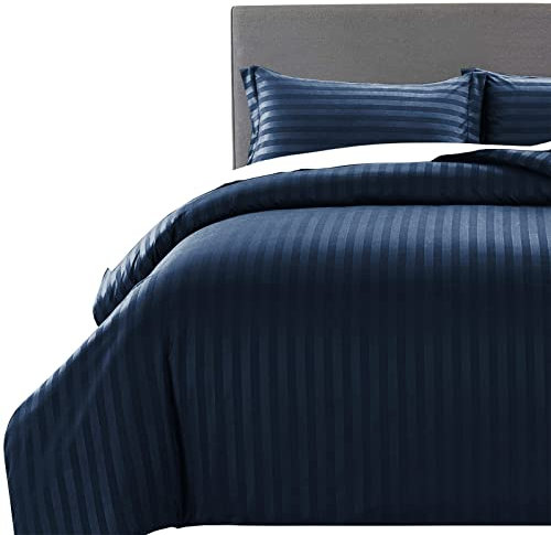 MOONLIGHT20015 Double Duvet Set Reversible Stripes Satin Double Bedding Set with 2 Pillowcases Soft Hypoallergenic Duvet Cover (Navy 200x200 CM)
