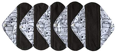 MUMBABY Lot de 5 serviettes hygiéniques réutilisables en charbon de bambou et bambou 20,5 cm (chat blanc, taille S)