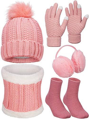 5 Pieces Knitted Beanie Hat Glove Set Knit Hat Earmuffs Stockings Scarf Gloves for Women Men Skiing (Pink Series Colors, Cute Style)