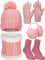 5 Pieces Knitted Beanie Hat Glove Set Knit Hat Earmuffs Stockings Scarf Gloves for Women Men Skiing (Pink Series Colors, Cute Style)