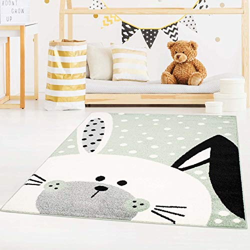carpet city Kinderteppich Hase Grün 120x160 cm -Weiß Gepunktet - Kinderzimmer-Teppiche Tiermotiv