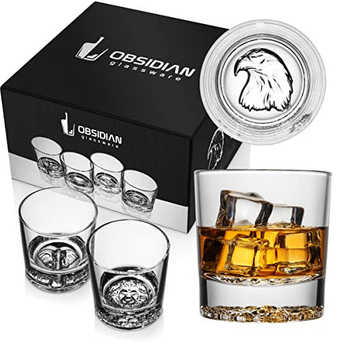 OBSIDIAN Eagle, Lion, Elephant, Wolf Imprinted Whiskey Low Ball Drinking Glass Set of 4 11.5 Ounces Bar Glasses | Old Fashioned Tumblers | Lowball Glasses | Rocks Glasses