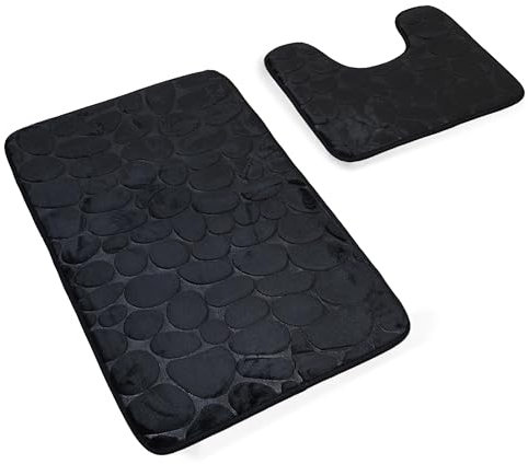 DIVCHI Non Slip Bath Mat Set - 2 Piece Thickened Bathroom Mat Set - Extra Absorbent 100% Memory Foam Bath Mat (80 x 50cm) and Pedestal Toilet Mat (50 x 40cm U Shape) (Black)