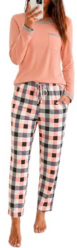 Marvmys Schlafanzug Damen Lang Winter Baumwolle Pyjama Set Zweiteilig Gemütlich Rundhals Herz-Print T-Shirt Karierte Hose