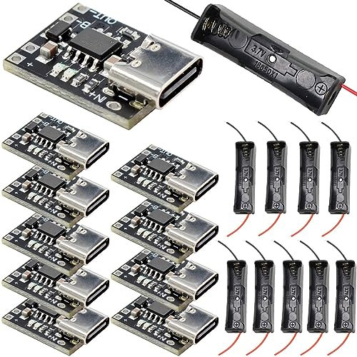 Youmile 10 pcs Type-C USB Lithium Battery Charger Module Ultra-Small Ternary Lithium Battery 3.7V 4.2V 1A charging protection board Auto Charge/Cut Off Function with 18650 Battery Holder
